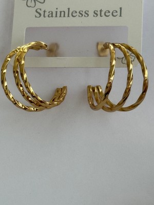 Stainless Steel Gold Üçlü Halka Görünümlü Paslanmaz Çelik Küpe