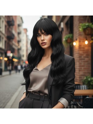 Zemira Dalgalı Perçemli Fiber Sen Orta Boy Peruk / Siyah