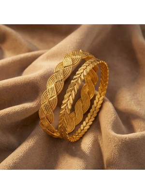 ferizz altın kaplama  başak burma bilezik ve lazerli örgü bilezik kombin bnd-144