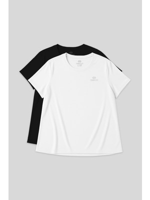 Tommy Life Rahat Form 2li Paket Siyah-Beyaz Battal Kadın T-Shirt - 97308
