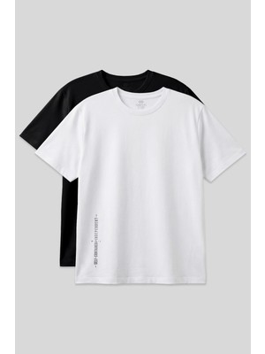 Baskılı Rahat Form 2li Paket Siyah-Beyaz Büyük Beden Erkek T-Shirt - 88472