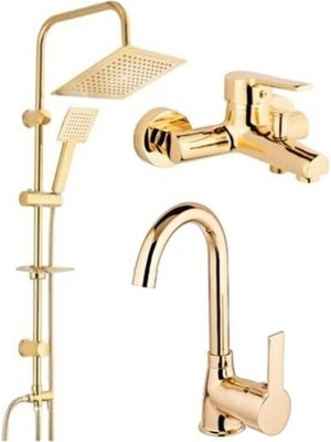 Yeni Gold Robot Duş Seti Gold Banyo Gold Lavabo Bataryası Gold Banyo Dekor Gold 3'lü Set