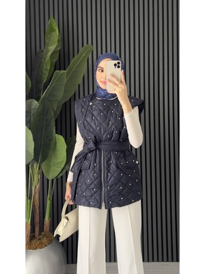 Molly Nelly Kadın Şık Taş Detaylı Astarlı Kapitone Midi Yelek