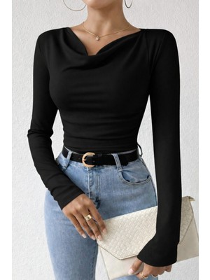 Tarz Cool Kadın Salaş/degaje Yaka Uzun Kollu Bluz