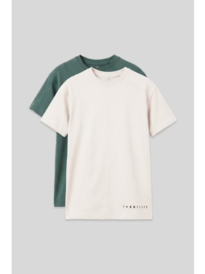 Tommy Life Basic Oversize O Yaka 2li Paket Ekru-Açık Yeşil Erkek Çocuk T-Shirt - 11297