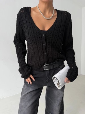 Zemira Küçük Düğmeli Küçük Örgülü Triko Hırka Siyah