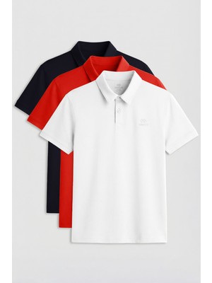Tommy Life Standart Fit Basic Polo Yaka 3lü Paket Beyaz-Lacivert-Kırmızı Erkek T-Shirt - 87748