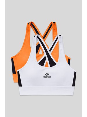 Tommy Life Slim Fit U Yaka 2li Paket Beyaz-Neon Oranj Kadın Spor Büstiyer - 97121