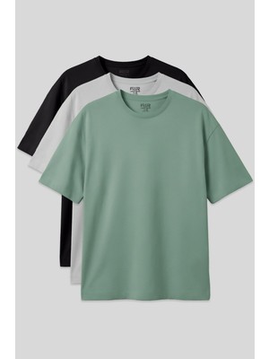 Air Jones Basic Oversize O Yaka 3lü Paket Siyah-Taş-Açık Yeşil Erkek T-Shirt - 88377