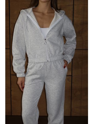 Zemira 3 Iplik Şardonlu Kapşonlu Fermuarlı Kısa Üst Gri PAT8590