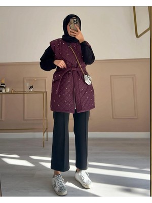 Molly Nelly Kadın Şık Taş Detaylı Astarlı Kapitone Midi Yelek