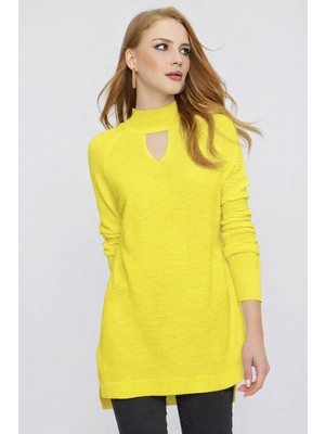 Tena Kadın Açık Sarı Önü Pencereli Triko Kazak