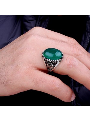 Argento Silver Oval Akik Yeşil Taşlı 925 Ayar Gümüş Yüzük