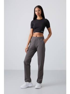 Tommy Life Koyu Gri Yüksek Bel Cepli Rahat Form Klasik Paça Kadın Eşofman Alt - 94584