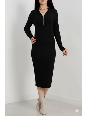 Zemira Fermuar Detaylı Fitilli Şardonlu Elbise Siyah