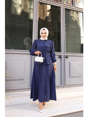 Tesettür Diyarı Kadın Beli Bağlamalı Tesettür Etek Takım Lacivert