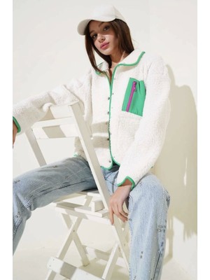 Zemira Yeşil Fermuar Cepli Kuzu Mont Beyaz