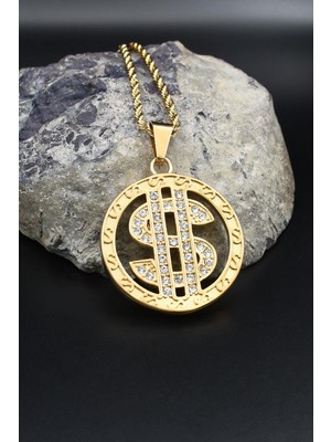 Prestige Dolar Desenli Kolye Paslanmaz Çelik Zincir Altın Kaplama 902589