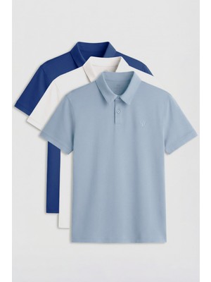 Tommy Life Standart Fit Basic Polo Yaka 3lü Paket Ekru-Buz Mavi-Parlament Erkek T-Shirt - 87768