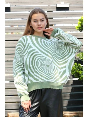 Zemira Beyaz Kalp Çizgili Kazak Mint