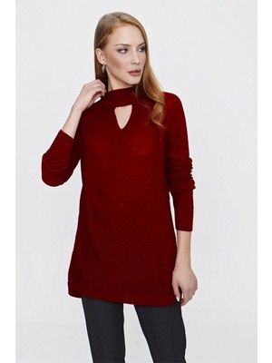 Tena Kadın Bordo Önü Pencereli Triko Kazak