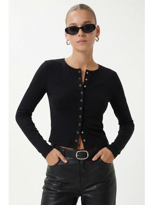 Ritnice Kadın Karmen Düğme Detaylı Uzun Kollu Siyah Basic Top / Bluz