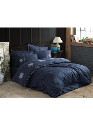 Zemira Elegant Nakışlı Pamuk Saten Çift Kişilik Nev Takımı Zeugma Lacivert