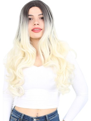 Zemira Yoğun Dalgalı Fiber Sen Uzun Perçemsiz Peruk / Küllü Siyah / Platin Ombreli