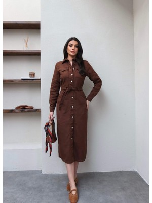 Esra Helvacı Kuşaklı Düğmeli Denim Elbise