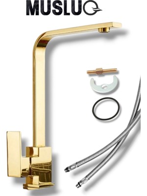 Musluq Lüx Kare Gold Altın Rengi Mutfak Eviye Bataryası Musluğu