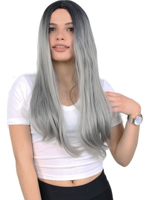 Zemira Fiber Sen Uzun Düz Peruk / Siyah / Gri Ombreli