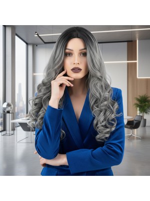 Zemira Dalgalı Perçemsiz Uzun Fiber Sen Peruk / Siyah / Gri Ombreli