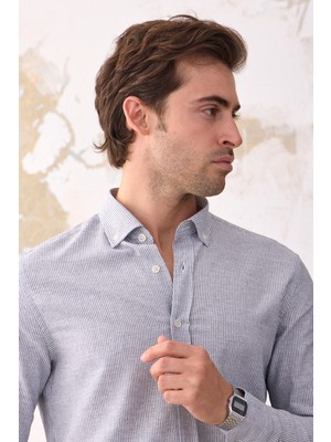 Ravanelli Ravanellı Giza Erkek Keten Görünümlü Pamuklu Slim Fit Dar Kesim Düğmeli Yaka Çizgili Gömlek