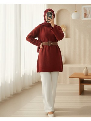 Moda Morfo Kalın Kemerli Buklet Kazak  -Bordo