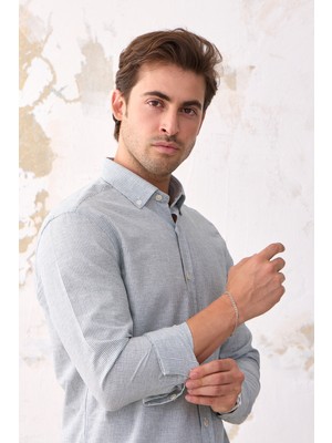 Ravanelli Ravanellı Giza Erkek Keten Görünümlü Pamuklu Slim Fit Dar Kesim Düğmeli Yaka Çizgili Gömlek