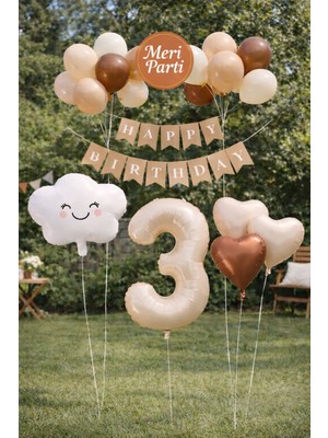 Meri Parti Retro Balon Konsept Doğun Günü Bulut Folyo Balon 1 Yaş Folyo Balon Bej-Kahve 1 Yaş Balon