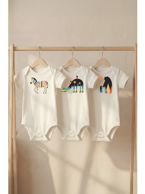 Pamuk Saray Organik %100 Pamuk Sevimli Hayvan Dostlar Baskılı Kısa Kollu Bebek Body Çıtçıtlı Badi Zıbın Tulum