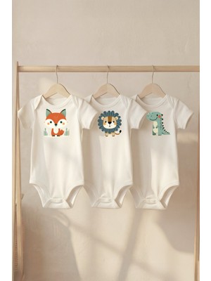 Pamuk Saray Organik %100 Pamuk Hayvan Figür Baskılı Kısa Kollu Bebek Body Çıtçıtlı Badi Zıbın Tulum