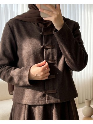 Modamorfo Deri Detaylı Önü Düğmeli Etekli Selanik Takım -Kahve