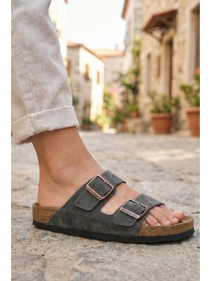 Verahed Unisex Düz Çift Bantlı Tokalı Terlik – Anatomik Taban Ortopedik Ev Dışarı Terliği Eva Taban