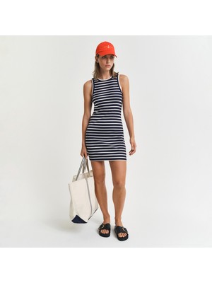 Gant Kadın Lacivert Slim Fit Bisiklet Yaka Çizgili Elbise