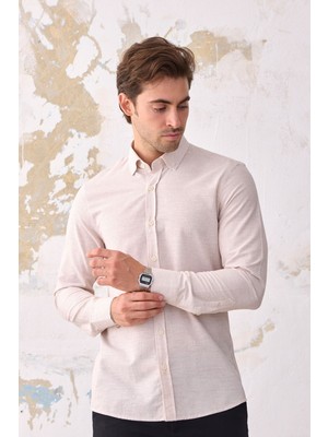 Ravanelli Ravanellı Giza Erkek Keten Görünümlü Pamuklu Slim Fit Dar Kesim Düğmeli Yaka Çizgili Gömlek