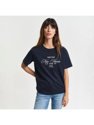 Gant Kadın Lacivert Relaxed Fit Bisiklet Yaka Logolu T-Shirt