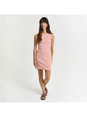 Gant Kadın Turuncu Slim Fit Bisiklet Yaka Çizgili Elbise