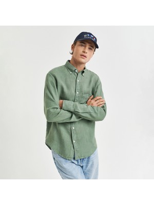 Gant Erkek Yeşil Regular Fit Düğmeli Yaka Keten Gömlek