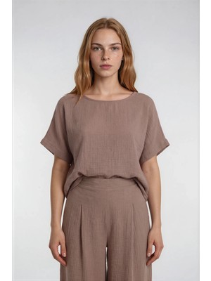 Vitrin Kısa Kol Oversize Keten Bluz