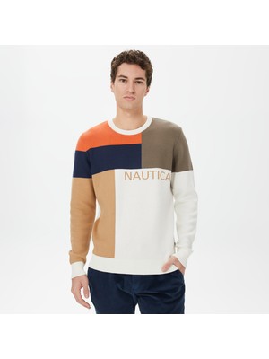 Nautica Erkek Beyaz Standart Fit Renk Bloklu Kazak