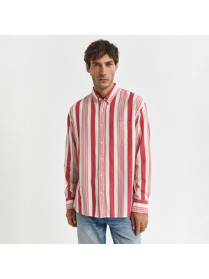 Gant Erkek Kırmızı Relaxed Fit Düğmeli Yaka Çizgili Gömlek