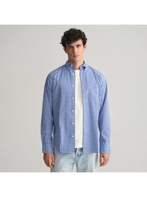 Gant Erkek Mavi Regular Fit Düğmeli Yaka Kareli Gömlek