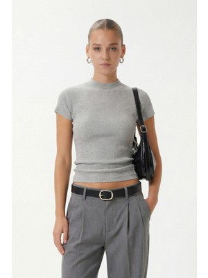 Ritnice Kadın Ivory Tok Dokulu Dik Yaka Fitilli Gri Basic Top / Bluz